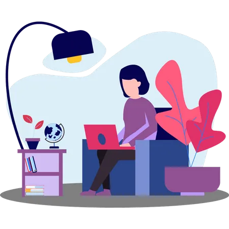 Woman working on laptop at home  Illustration