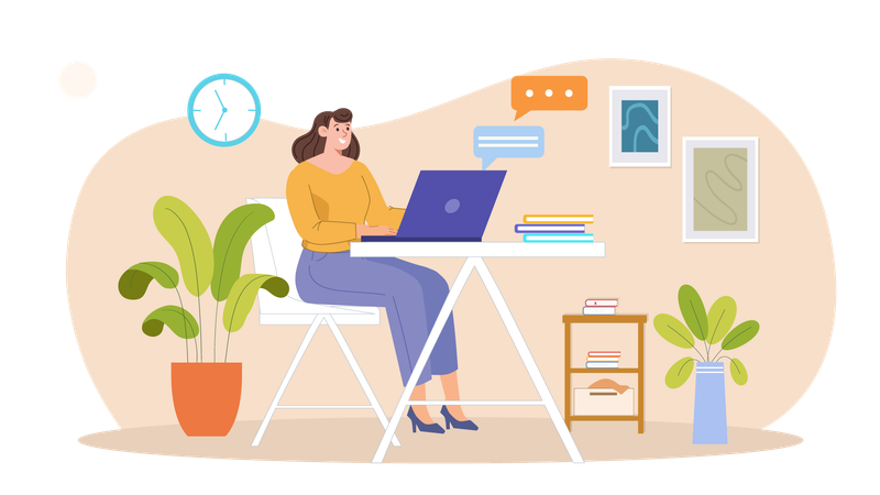 Woman working on laptop at home  Illustration