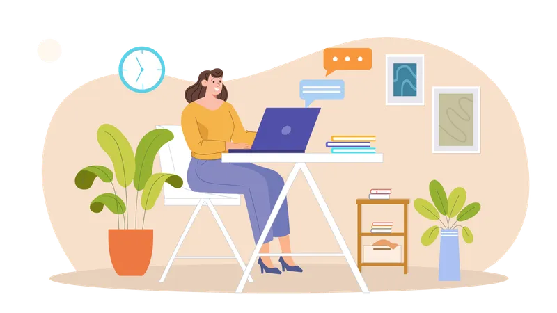 Woman working on laptop at home  Illustration