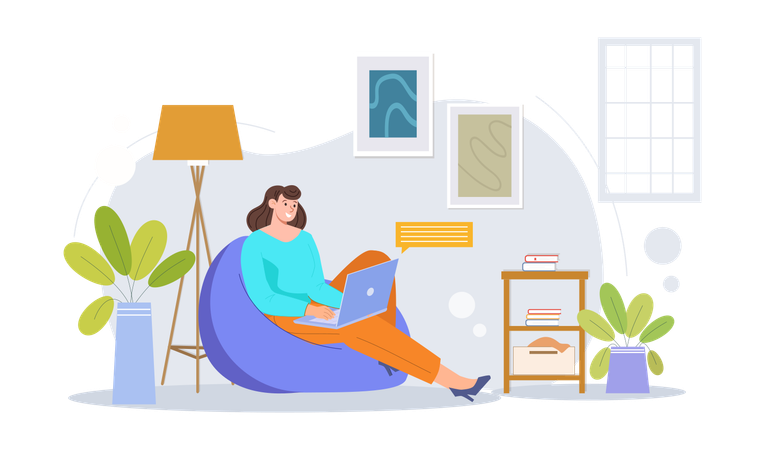 Woman working on laptop at home  Illustration