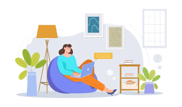 Woman working on laptop at home  Illustration