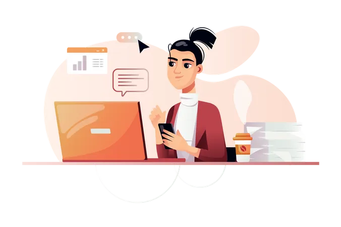 Woman working on laptop at office  Illustration