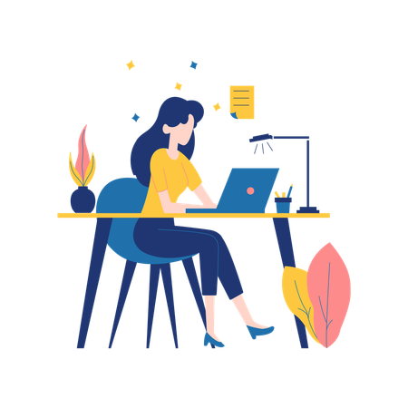 Woman Working on Laptop at Office Desk  Illustration