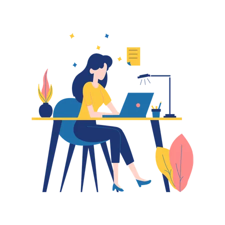 Woman Working on Laptop at Office Desk  Illustration