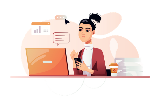 Woman working on laptop at office  Illustration