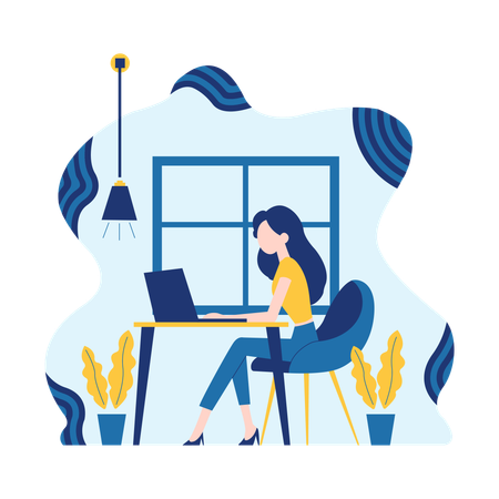 Woman Working on Laptop at Office  Illustration