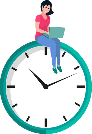 Woman Working on Laptop on Clock  Illustration