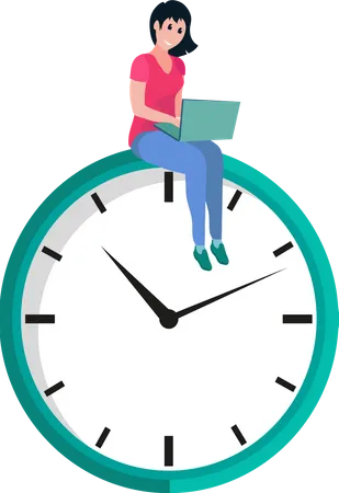 Woman Working on Laptop on Clock  Illustration