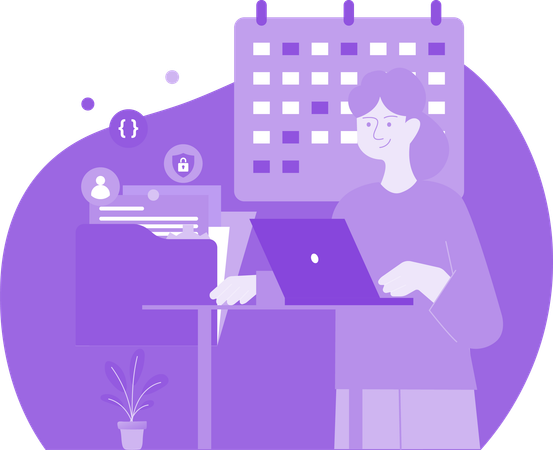 Woman Working on Laptop Desk  Illustration