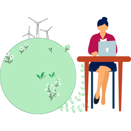 Woman working on laptop for global wind energy  Illustration