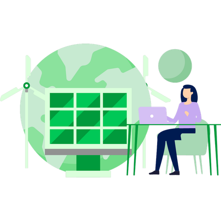Woman working on laptop for renewable energy  Illustration
