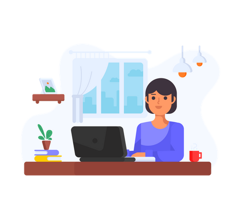 Woman working on laptop from home Illustration