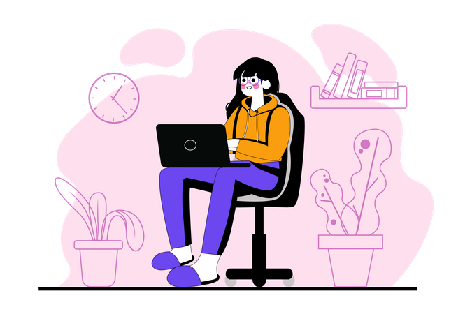 Woman working on laptop from home  Illustration
