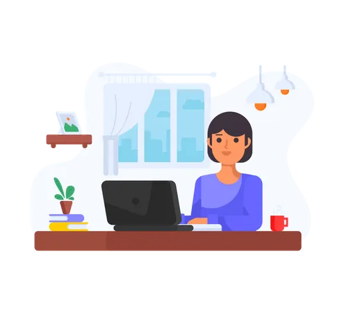 Woman working on laptop from home  Illustration