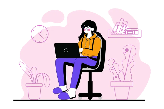 Woman working on laptop from home  Illustration