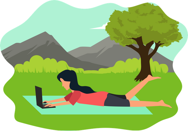 Woman working on laptop from park  Illustration