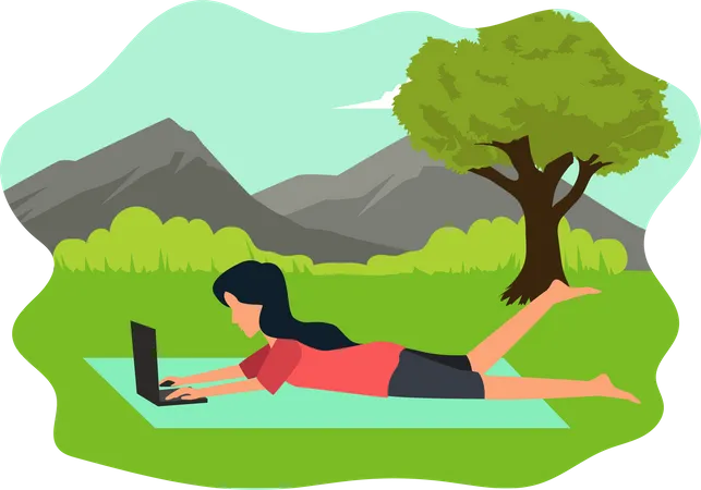 Woman working on laptop from park  Illustration
