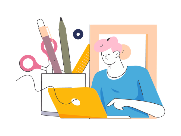 Woman working on laptop  Illustration