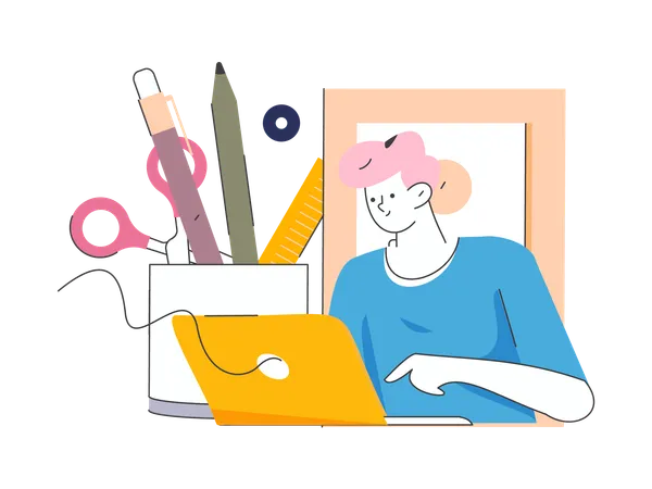 Woman working on laptop  Illustration