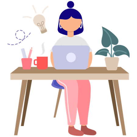 Woman Working on Laptop  Illustration