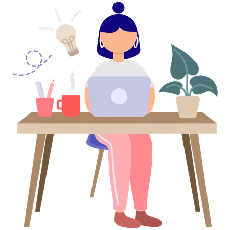 Woman Working on Laptop  Illustration