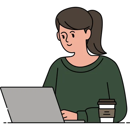 Woman Working In Front Of Laptop In Coffee Shop Illustration