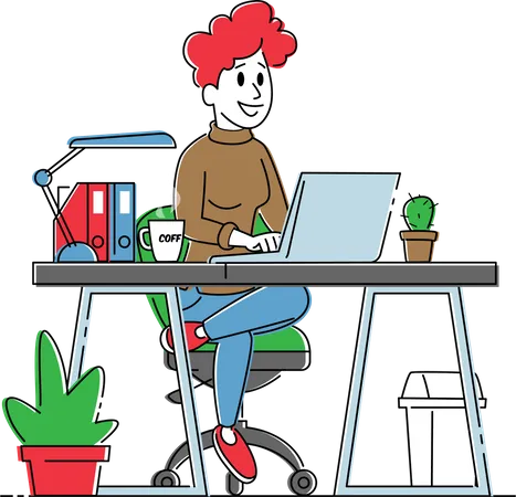 Smiling Business Woman Or Freelancer Working On Laptop Sitting At Desks With Coffee Cup Work On Tasks Freelance Or Office Occupation Working Activity Online Services Linear Vector Illustration Illustration