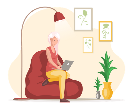 Woman working on laptop sitting on bean bag  Illustration