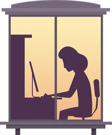 Woman working on laptop view from window Illustration