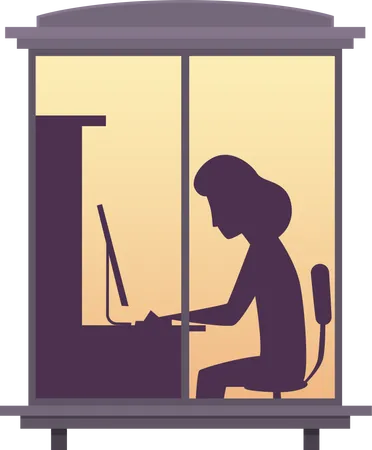 Woman working on laptop view from window  Illustration