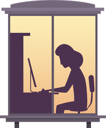 Woman working on laptop view from window  Illustration