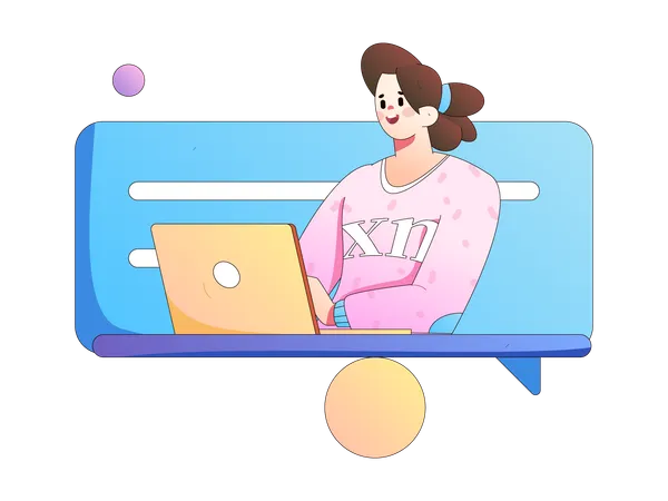 Woman working on laptop while doing business talk  Illustration