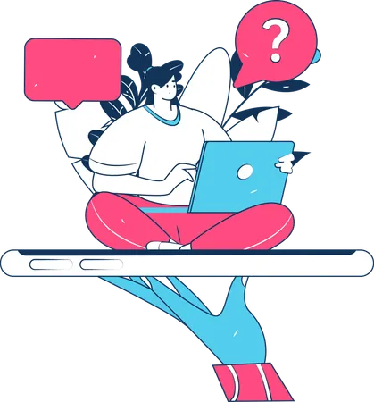 Woman working on laptop while doing online chatting  Illustration