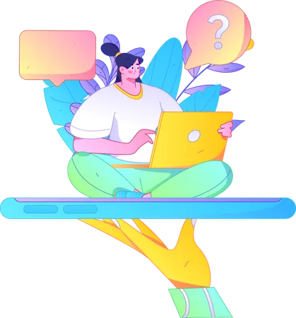 Woman working on laptop while doing online chatting  Illustration