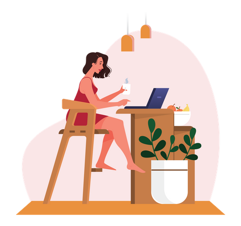 Woman working on laptop while drinking tea Illustration