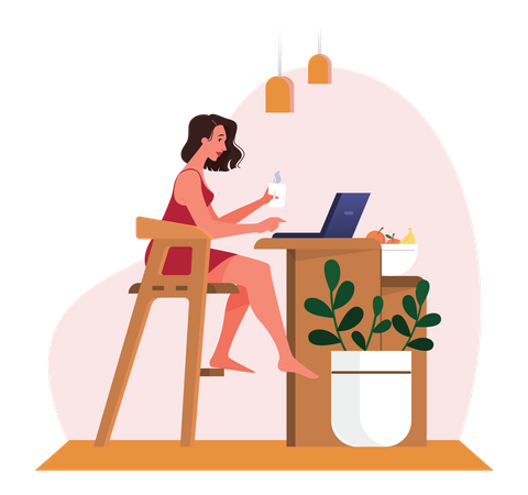 Woman working on laptop while drinking tea  Illustration