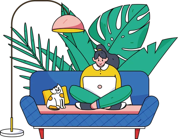 Woman working on laptop while having fun with cat  Illustration