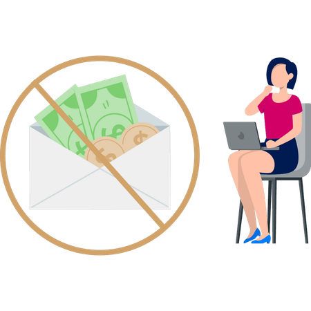 Woman working on laptop while looking financial banned mail  Illustration