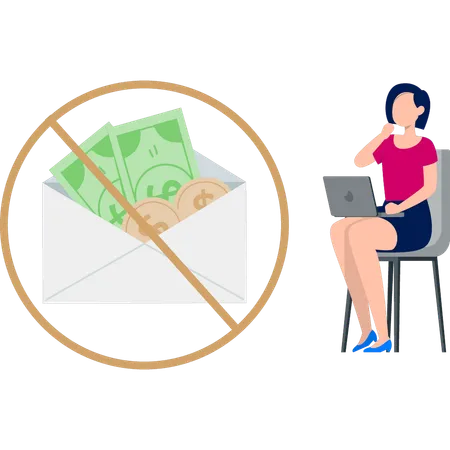 Woman working on laptop while looking financial banned mail  Illustration