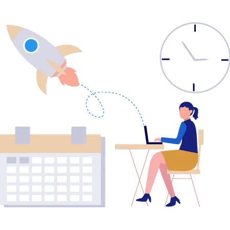 Woman working on laptop while making startup schedule  Illustration