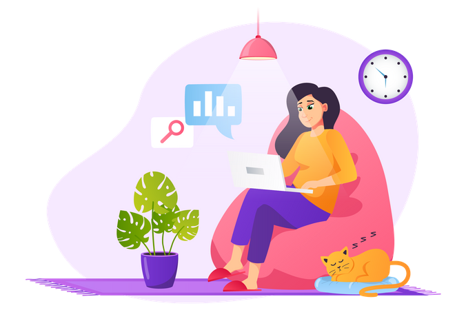 Woman working on laptop while sitting on beanbag  Illustration