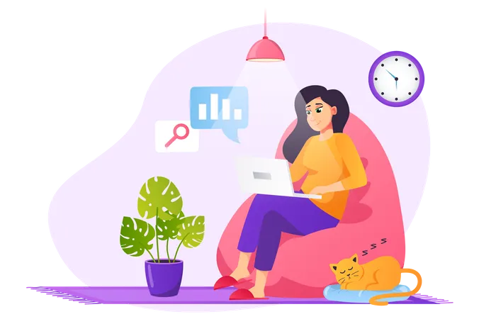 Woman working on laptop while sitting on beanbag  Illustration