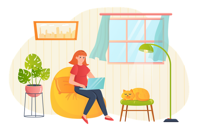 Woman working on laptop while sitting on beanbag  Illustration