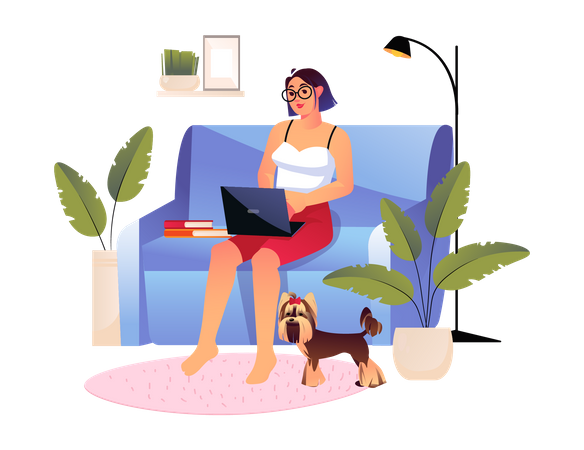 Woman working on laptop while sitting on couch  Illustration