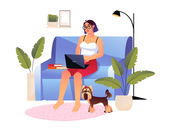 Woman working on laptop while sitting on couch  Illustration