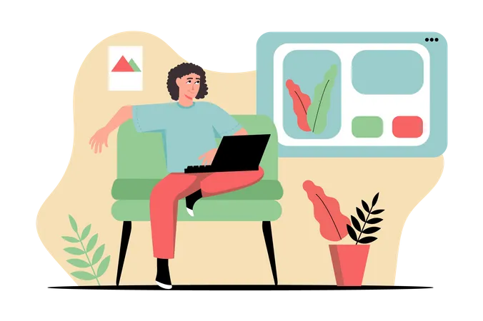 Woman working on laptop while sitting on couch  Illustration