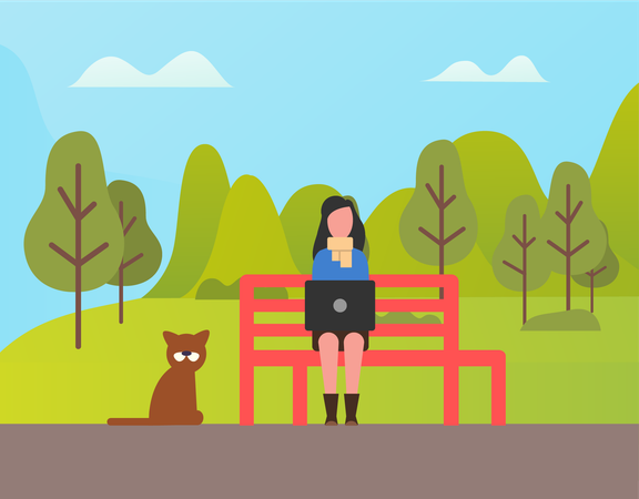 Woman working on laptop while sitting in park  Illustration