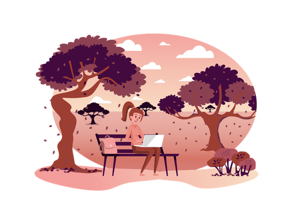Woman working on laptop while sitting in park Illustration