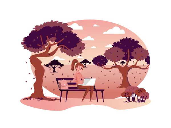 Woman Works At Laptop Sitting On Bench In Autumn Park Isolated Scene Freelancer Works Or Student Study Outside Autumn Landscape And Seasonal Activities Vector Illustration In Flat Cartoon Design Illustration