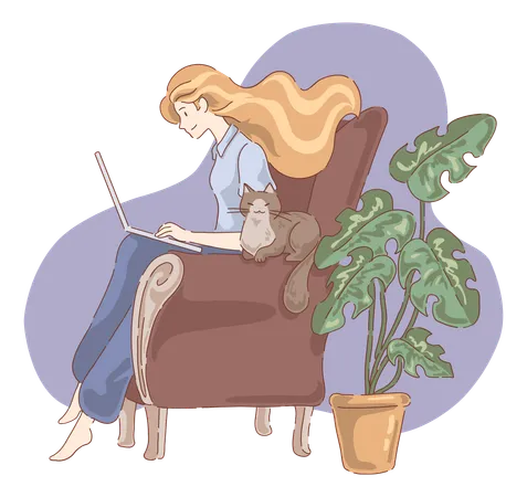 Woman working on laptop while sitting on armchair  Illustration